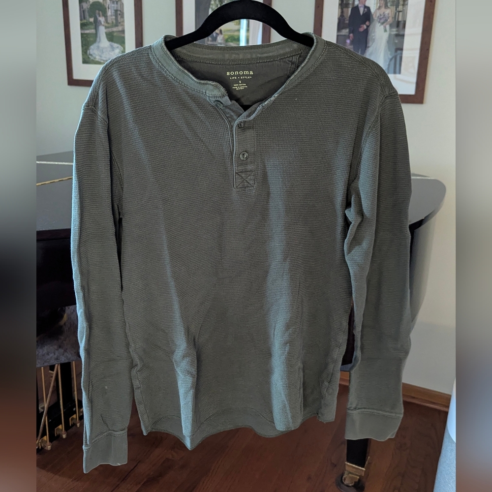 Sonoma Men's Olive Green Long Sleeve Waffle Henley Shirt